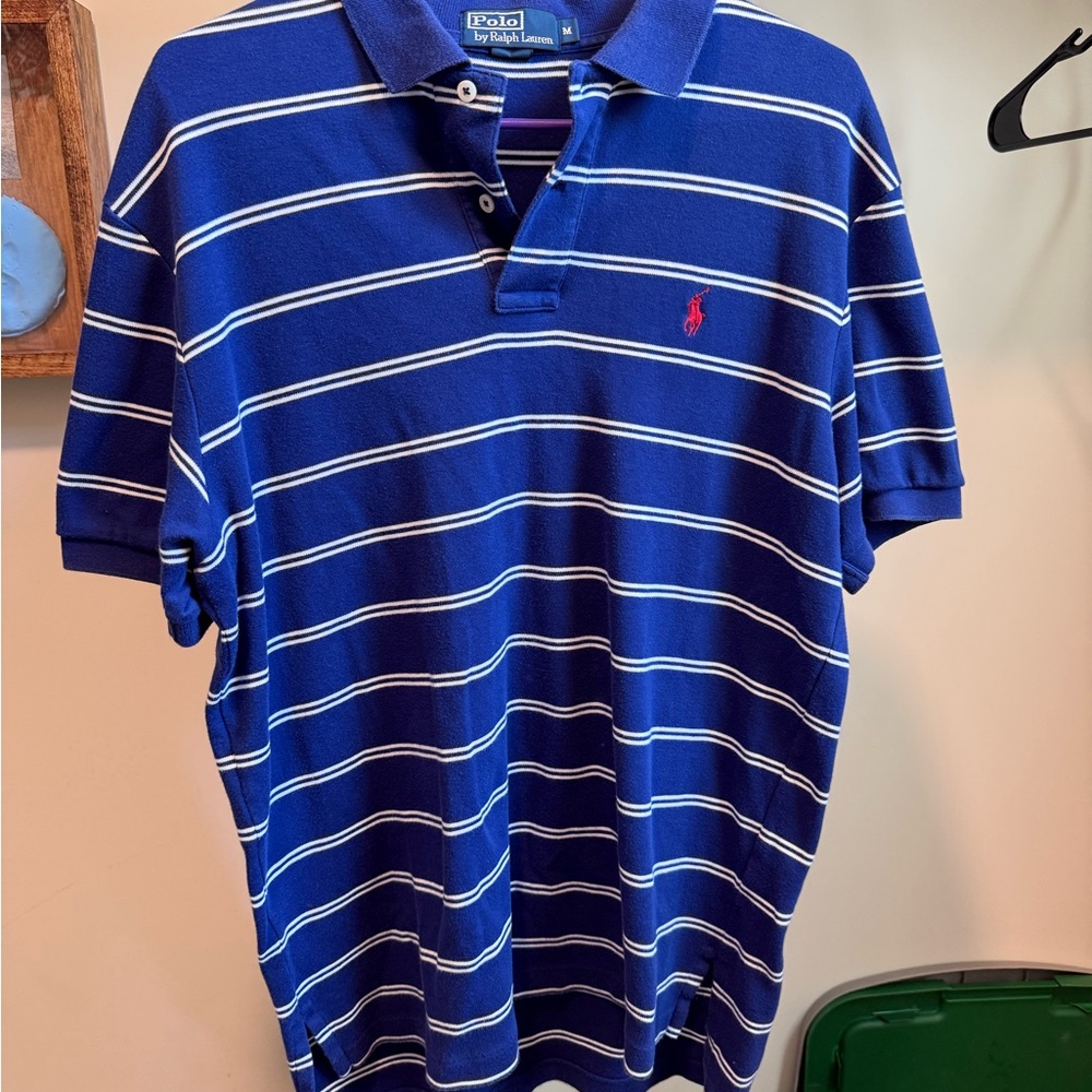 Ralph Lauren Blue Polo with White Stripes and Red Logo